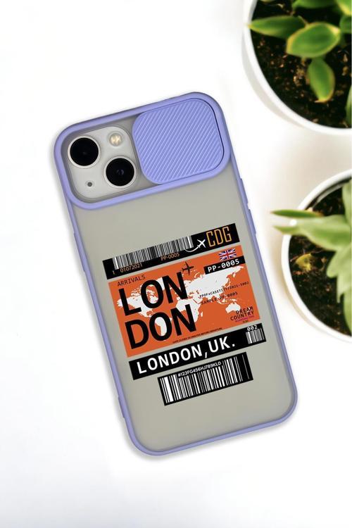İphone 13 Uyumlu London Ticket Desenli Kamera Koruma Sürgülü Kapaklı Telefon Kılıfı
