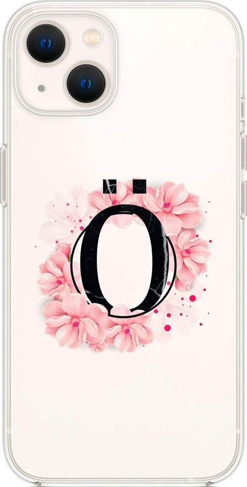 İphone 13 Pembe Çiçek Desen Ö Harfli Premium Şeffaf Silikon Kılıf