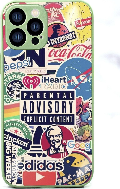 İphone 13 Pro Max Uyumlu Glass Kamera Korumalı Silikonlu Parental Advisory Desenli Telefon Kılıfı