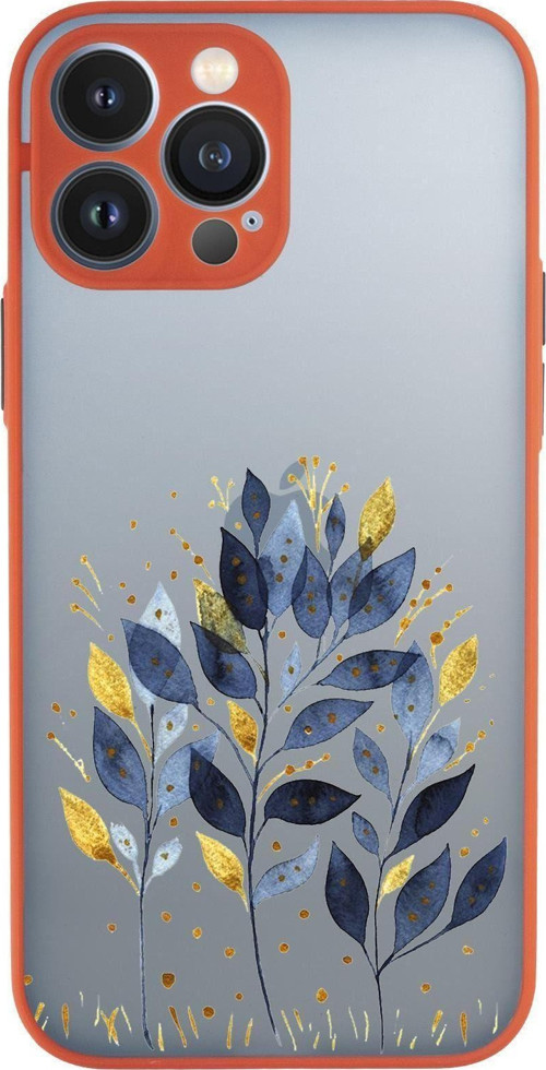 İphone 13 Pro Max Uyumlu Mavi Yaprak Desenli Kamera Korumalı Buzlu Şeffaf Lüx Telefon Kılıfı