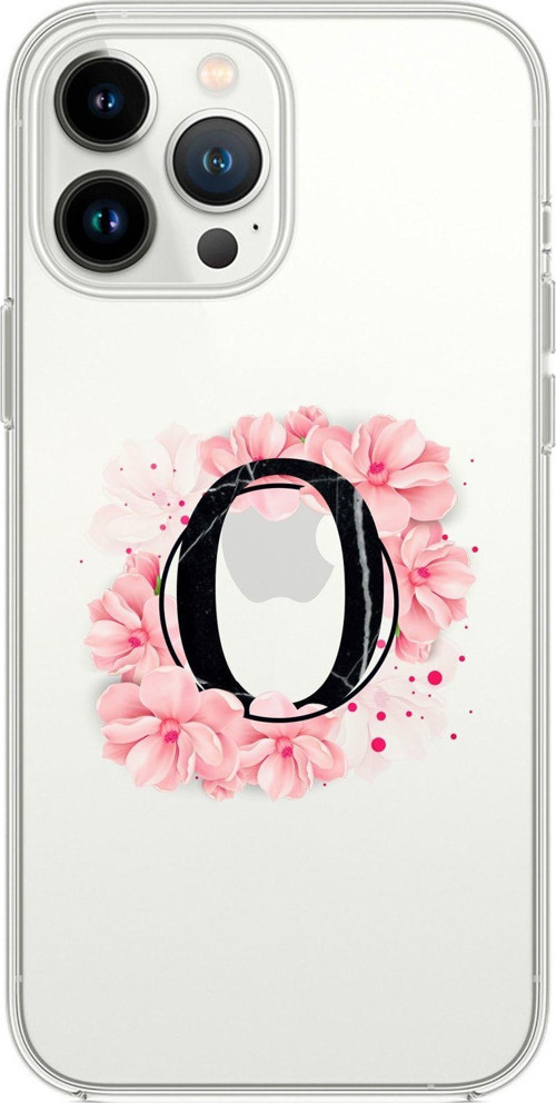 İphone 13 Pro Pembe Çiçek Desen O Harfli Premium Şeffaf Silikon Kılıf
