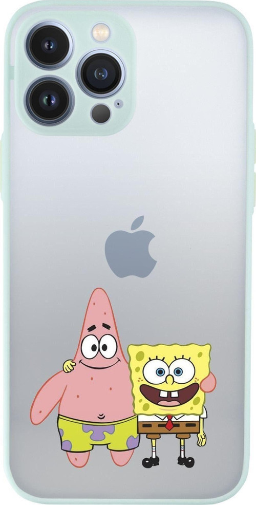 İphone 13 Pro Max Uyumlu Sünger Bob Ve Patrickstar Desenli Kamera Korumalı Buzlu Şeffaf Lüx Telefon