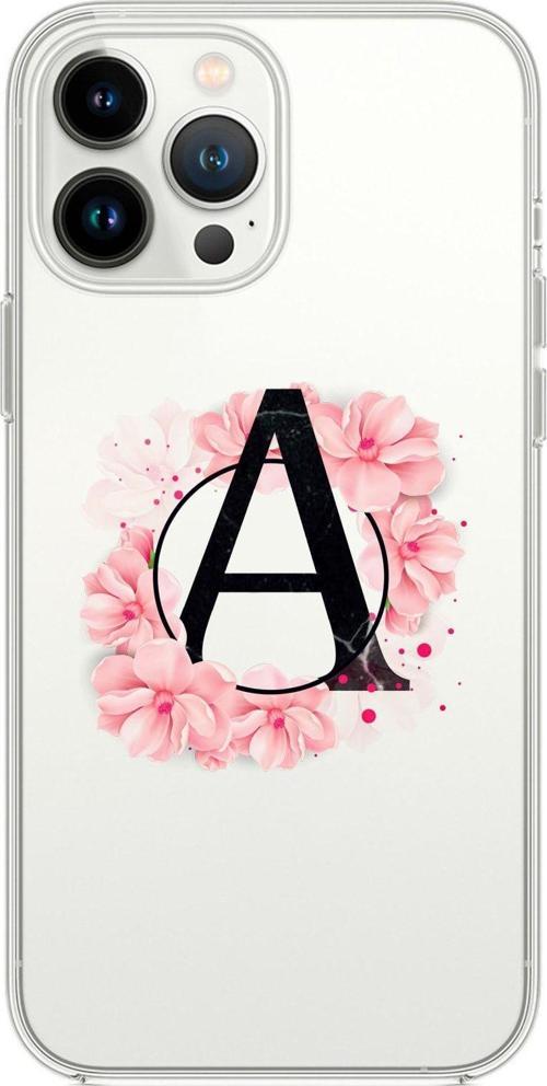 İphone 13 Pro Pembe Çiçek Desen A Harfli Premium Şeffaf Silikon Kılıf