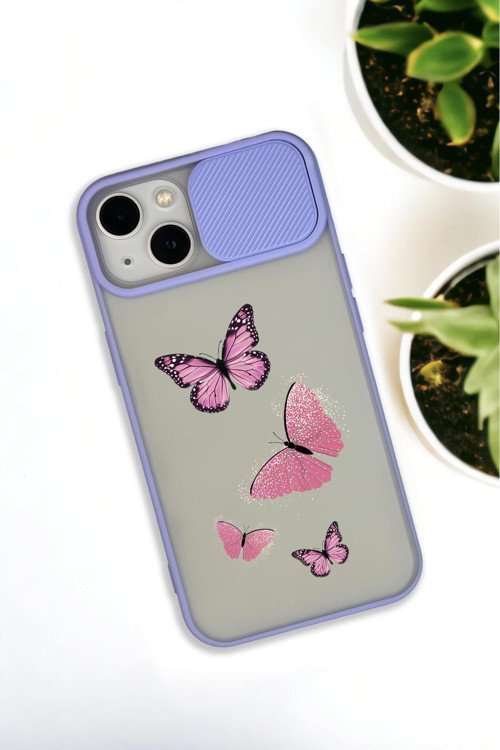 İphone 13 Uyumlu Pembe Kelebekler Desenli Kamera Koruma Sürgülü Kapaklı Telefon Kılıfı