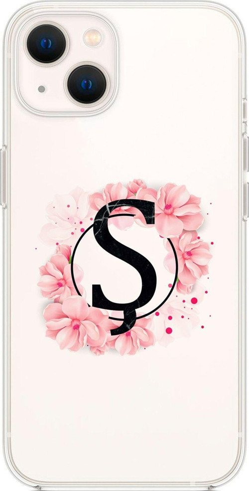 İphone 13 Pembe Çiçek Desen Ş Harfli Premium Şeffaf Silikon Kılıf
