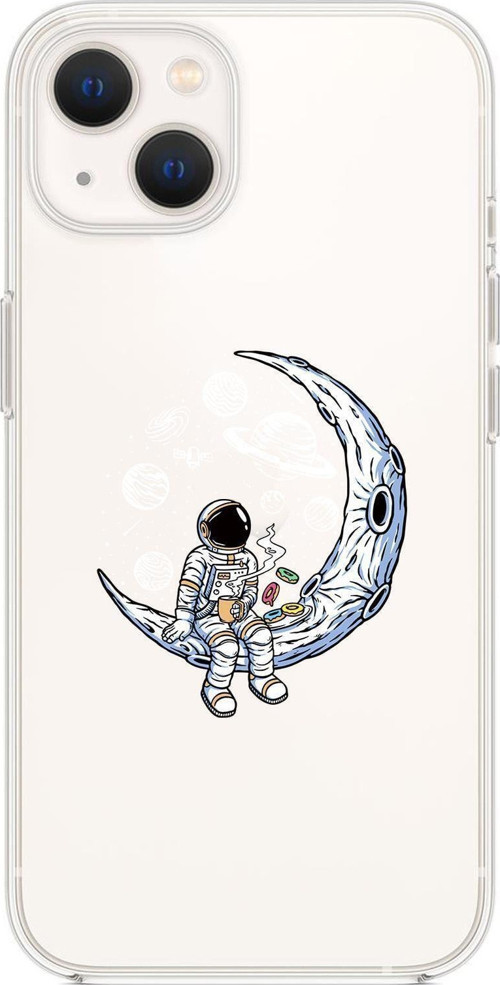 İphone 13 Mini Uyumlu Keyifli Astronot Desenli Premium Silikonlu Şeffaf Telefon Kılıfı