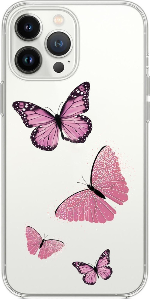 İphone 13 Pro Uyumlu Max Pembe Kelebekler Desenli Premium Silikonlu Şeffaf Telefon Kılıfı