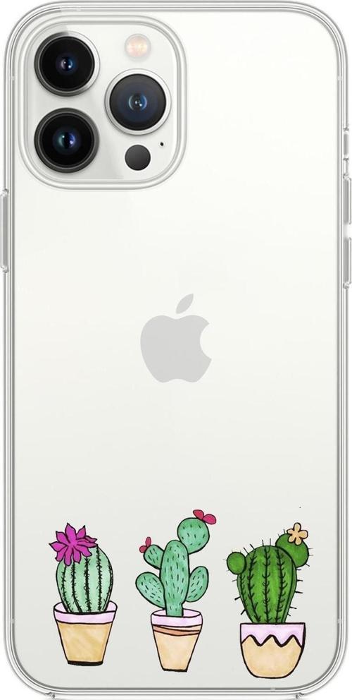 İphone 13 Pro Uyumlu Üçlü Kaktüs Desenli Premium Silikonlu Şeffaf Telefon Kılıfı
