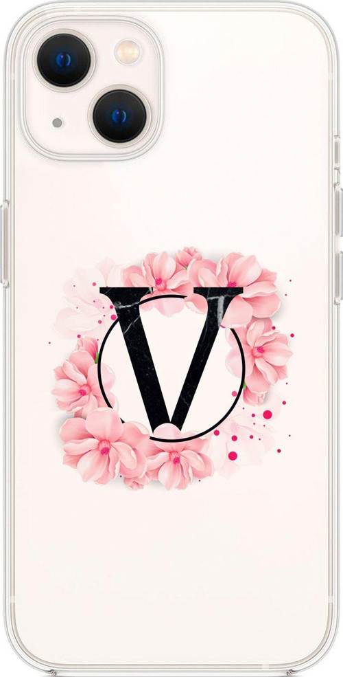 İphone 13 Pembe Çiçek Desen V Harfli Premium Şeffaf Silikon Kılıf