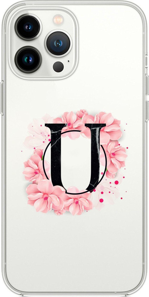 İphone 13 Pro Max Pembe Çiçek Desen U Harfli Premium Şeffaf Silikon Kılıf
