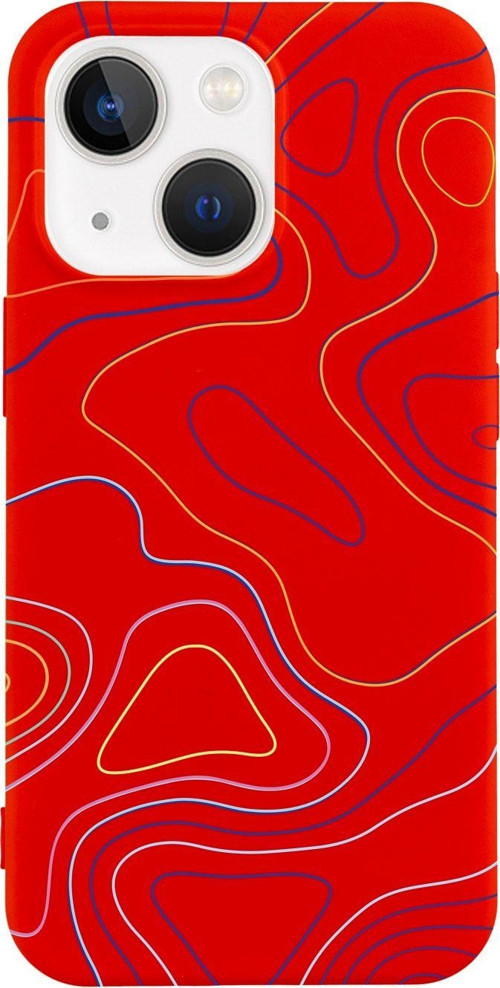 İphone 13 Inek Desenli Color Lines Tasarımlı Kırmızı Telefon Kılıfı