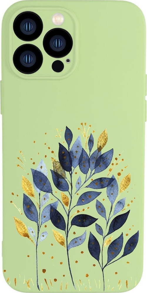 İphone 13 Pro Max Uyumlu Mavi Yaprak Desenli Kamera Lens Korumalı Darbe Emici Silikonlu Lansman Kılı
