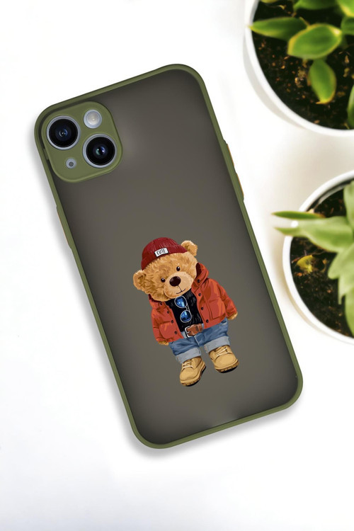 İphone 13 Uyumlu Teddy Bear Desenli Buzlu Şeffaf Lüx Telefon Kılıfı
