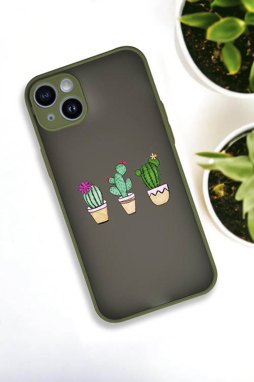 İphone 13 Uyumlu Üçlü Kaktüs Desenli Buzlu Şeffaf Lüx Telefon Kılıfı