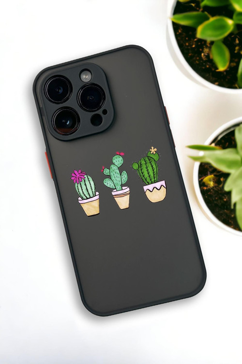 İphone 13 Pro Max Uyumlu Üçlü Kaktüs Desenli Buzlu Şeffaf Lüx Telefon Kılıfı