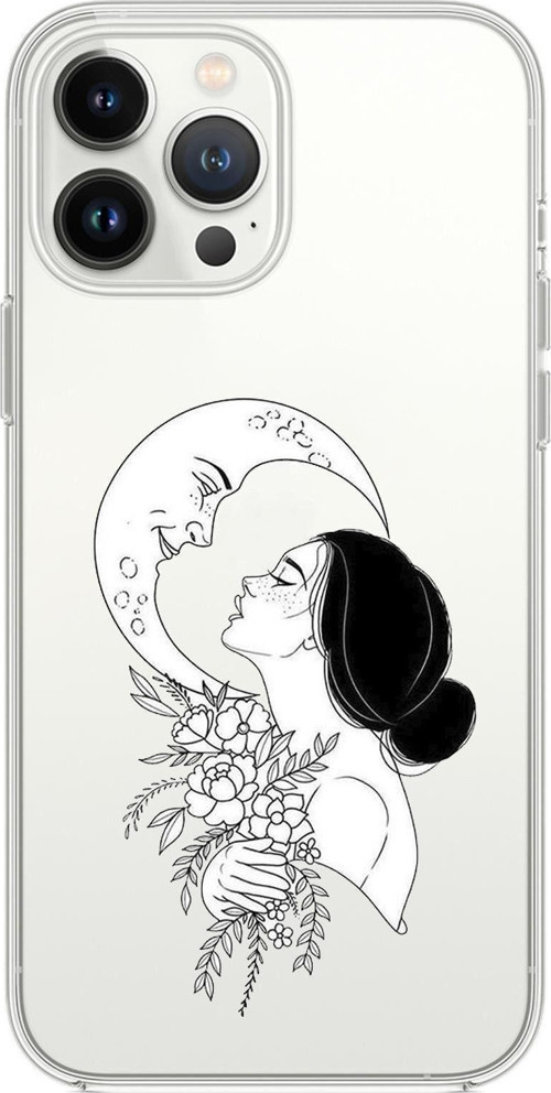 İphone 13 Pro Max Uyumlu Moon And Woman Desenli Premium Silikonlu Şeffaf Telefon Kılıfı
