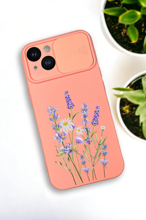 İphone 13 Uyumlu Lavender Desenli Kamera Koruma Slider Kapaklı Silikonlu Telefon Kılıfı