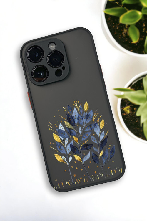 İphone 13 Pro Max Uyumlu Mavi Yaprak Desenli Buzlu Şeffaf Lüx Telefon Kılıfı