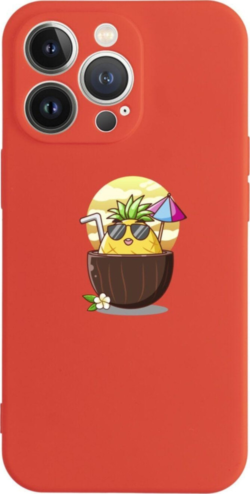 İphone 13 Pro Güneşlenen Ananas Tasarımlı Kırmızı Telefon Kılıfı