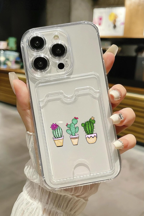 İphone 13 Pro Uyumlu Üçlü Kaktüs Desenli Şeffaf Kamera Korumalı Ve Kartlıklı Telefon Kılıfı