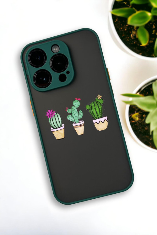 İphone 13 Pro Max Uyumlu Üçlü Kaktüs Desenli Buzlu Şeffaf Lüx Telefon Kılıfı