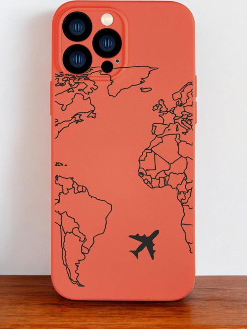 Turuncu Renkli İphone 13 Pro Max Uyumlu World Map Lines Desenli Premium Silikonlu Telefon Kılıfı