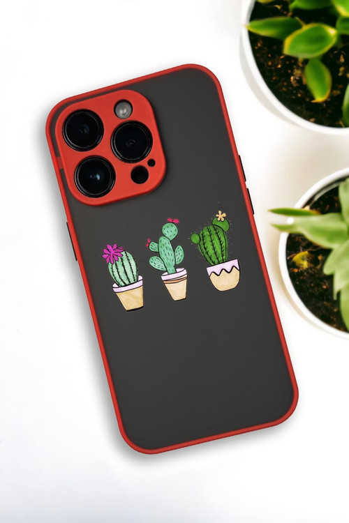 İphone 13 Pro Max Uyumlu Üçlü Kaktüs Desenli Buzlu Şeffaf Lüx Telefon Kılıfı