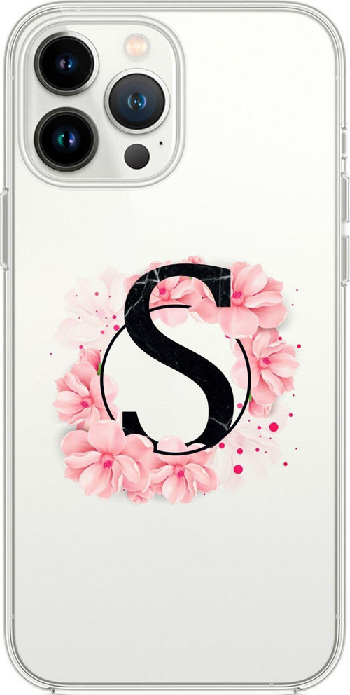 İphone 13 Pro Pembe Çiçek Desen S Harfli Premium Şeffaf Silikon Kılıf
