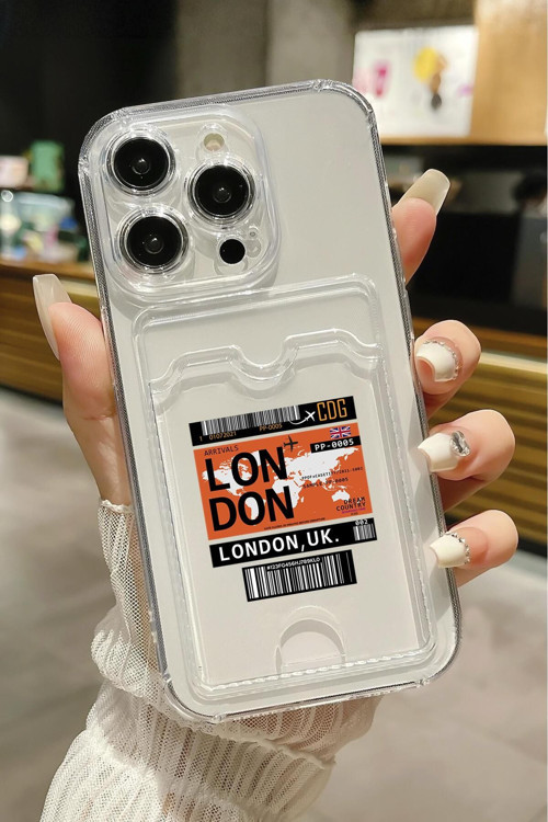 İphone 13 Pro Uyumlu London Ticket Desenli Şeffaf Kamera Korumalı Ve Kartlıklı Telefon Kılıfı