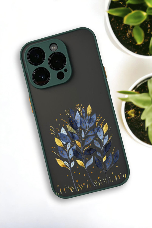 İphone 13 Pro Max Uyumlu Mavi Yaprak Desenli Buzlu Şeffaf Lüx Telefon Kılıfı
