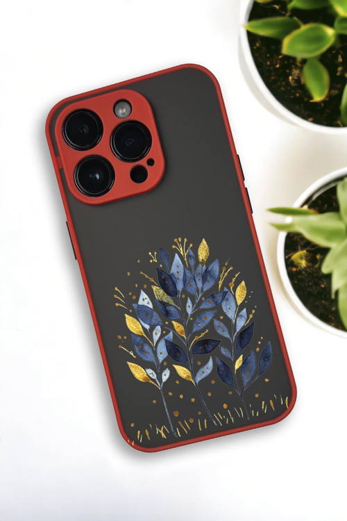 İphone 13 Pro Max Uyumlu Mavi Yaprak Desenli Buzlu Şeffaf Lüx Telefon Kılıfı