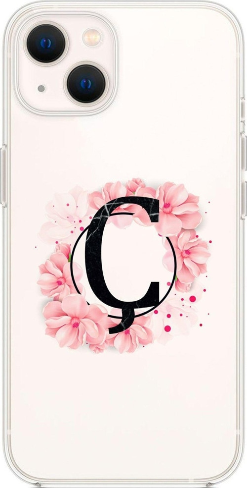 İphone 13 Pembe Çiçek Desen Ç Harfli Premium Şeffaf Silikon Kılıf