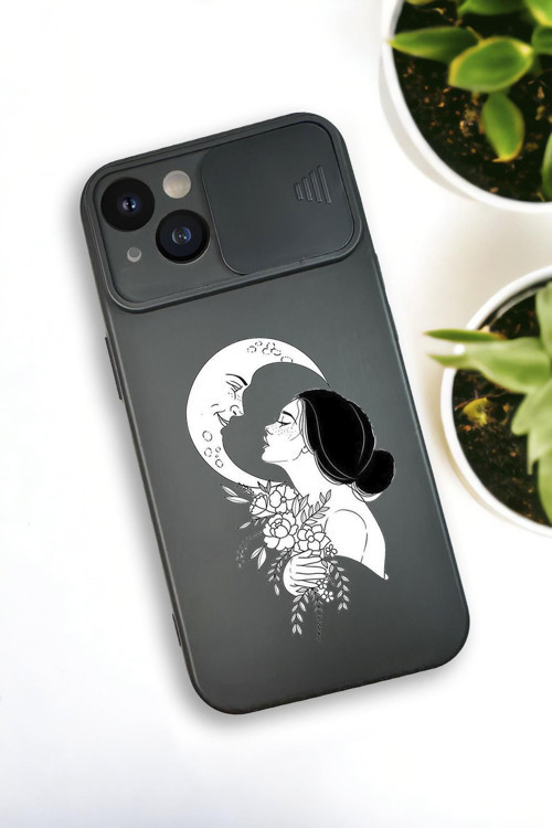 İphone 13 Uyumlu Moon And Women Desenli Kamera Koruma Slider Kapaklı Silikonlu Telefon Kılıfı