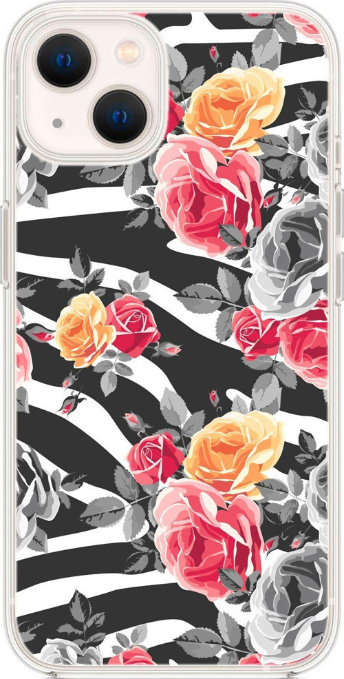 İphone 13 Uyumlu Zebra Gülleri Desenli Şeffaf Silikonlu Telefon Kılıfı