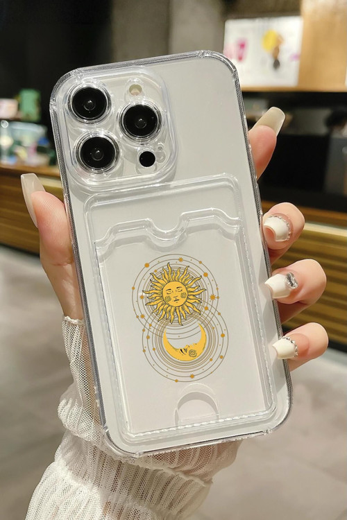 İphone 13 Pro Uyumlu Moon And Sun Desenli Şeffaf Kamera Korumalı Ve Kartlıklı Telefon Kılıfı