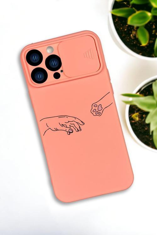 İphone 13 Pro Max Uyumlu Hand And Paw Desenli Kamera Koruma Slider Kapaklı Silikonlu Telefon Kılıfı
