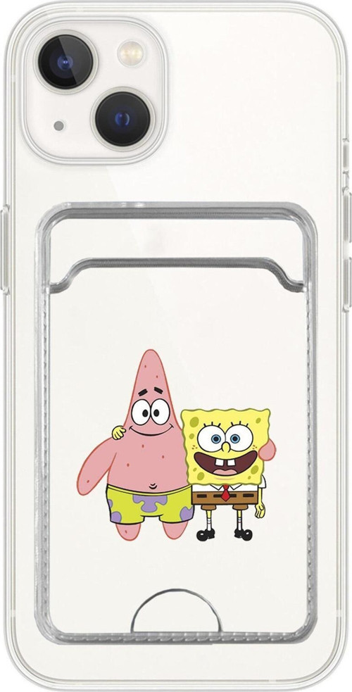 İphone 13 Uyumlu Sünger Bob Ve Patrickstar Desenli Şeffaf Kamera Korumalı Ve Kartlıklı Telefon Kılıf