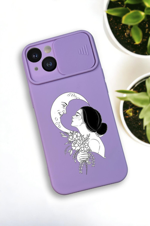 İphone 13 Uyumlu Moon And Women Desenli Kamera Koruma Slider Kapaklı Silikonlu Telefon Kılıfı