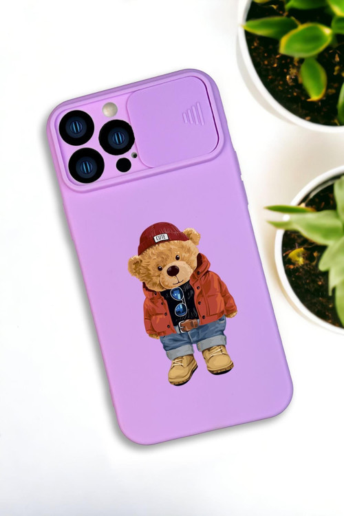 İphone 13 Pro Max Uyumlu Teddy Bear Desenli Kamera Koruma Slider Kapaklı Silikonlu Telefon Kılıfı