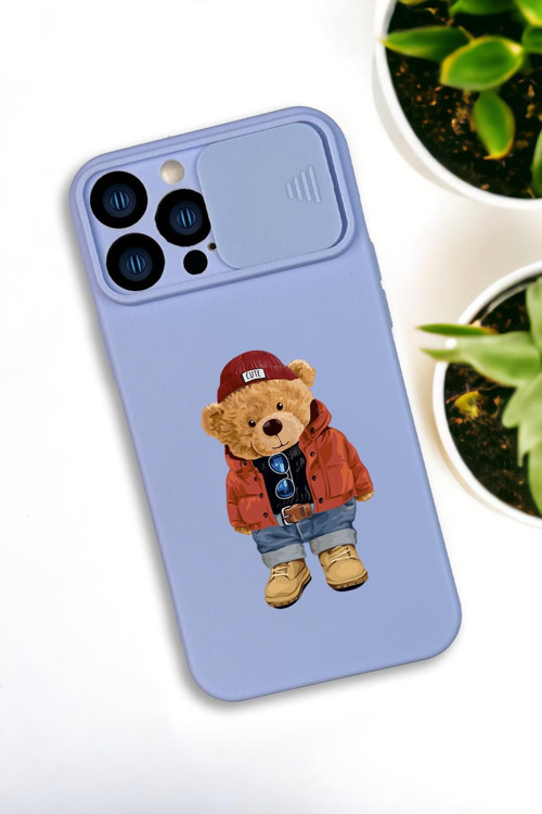 İphone 13 Pro Max Uyumlu Teddy Bear Desenli Kamera Koruma Slider Kapaklı Silikonlu Telefon Kılıfı