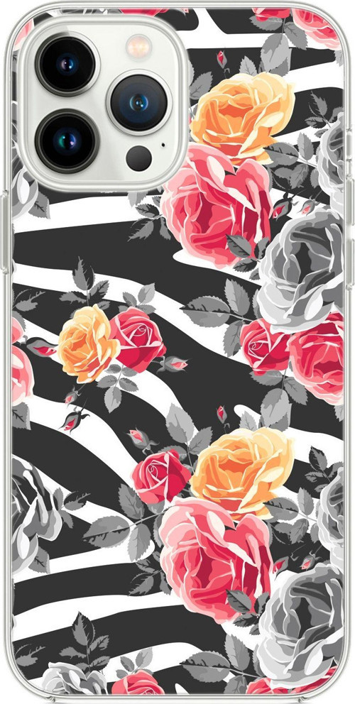 İphone 13 Pro Max Uyumlu Zebra Gülleri Desenli Şeffaf Silikonlu Telefon Kılıfı