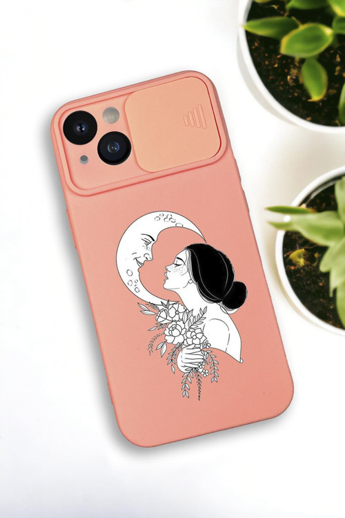 İphone 13 Uyumlu Moon And Women Desenli Kamera Koruma Slider Kapaklı Silikonlu Telefon Kılıfı