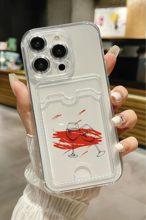 İphone 13 Pro Uyumlu Spilled Wine Desenli Şeffaf Kamera Korumalı Ve Kartlıklı Telefon Kılıfı