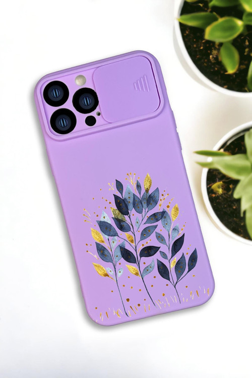 İphone 13 Pro Max Uyumlu Mavi Yaprak Desenli Kamera Koruma Slider Kapaklı Silikonlu Telefon Kılıfı