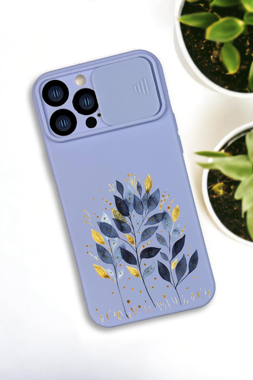 İphone 13 Pro Max Uyumlu Mavi Yaprak Desenli Kamera Koruma Slider Kapaklı Silikonlu Telefon Kılıfı