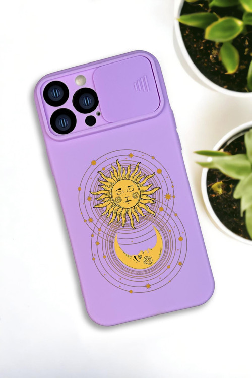 İphone 13 Pro Max Uyumlu Moon And Sun Desenli Kamera Koruma Slider Kapaklı Silikonlu Telefon Kılıfı