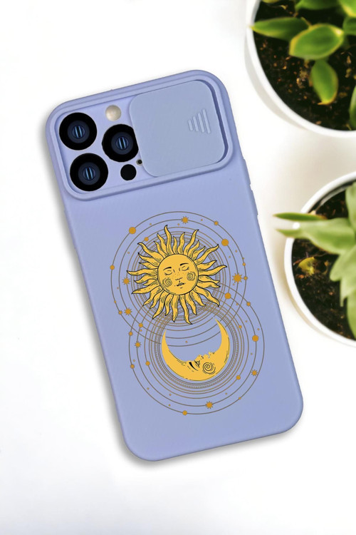 İphone 13 Pro Max Uyumlu Moon And Sun Desenli Kamera Koruma Slider Kapaklı Silikonlu Telefon Kılıfı
