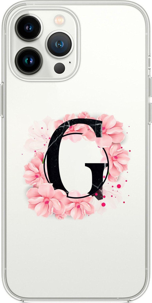 İphone 13 Pro Pembe Çiçek Desen G Harfli Premium Şeffaf Silikon Kılıf