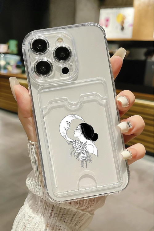 İphone 13 Pro Uyumlu Moon And Women Desenli Şeffaf Kamera Korumalı Ve Kartlıklı Telefon Kılıfı