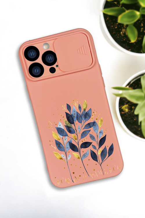 İphone 13 Pro Max Uyumlu Mavi Yaprak Desenli Kamera Koruma Slider Kapaklı Silikonlu Telefon Kılıfı